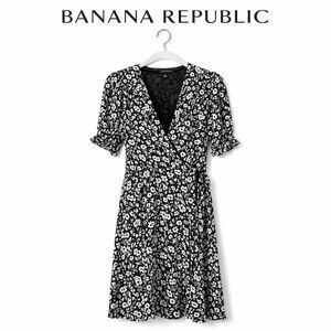 Banana Republic Black White Floral Wrap Dress 6 Lined Short Sleeve Feminine